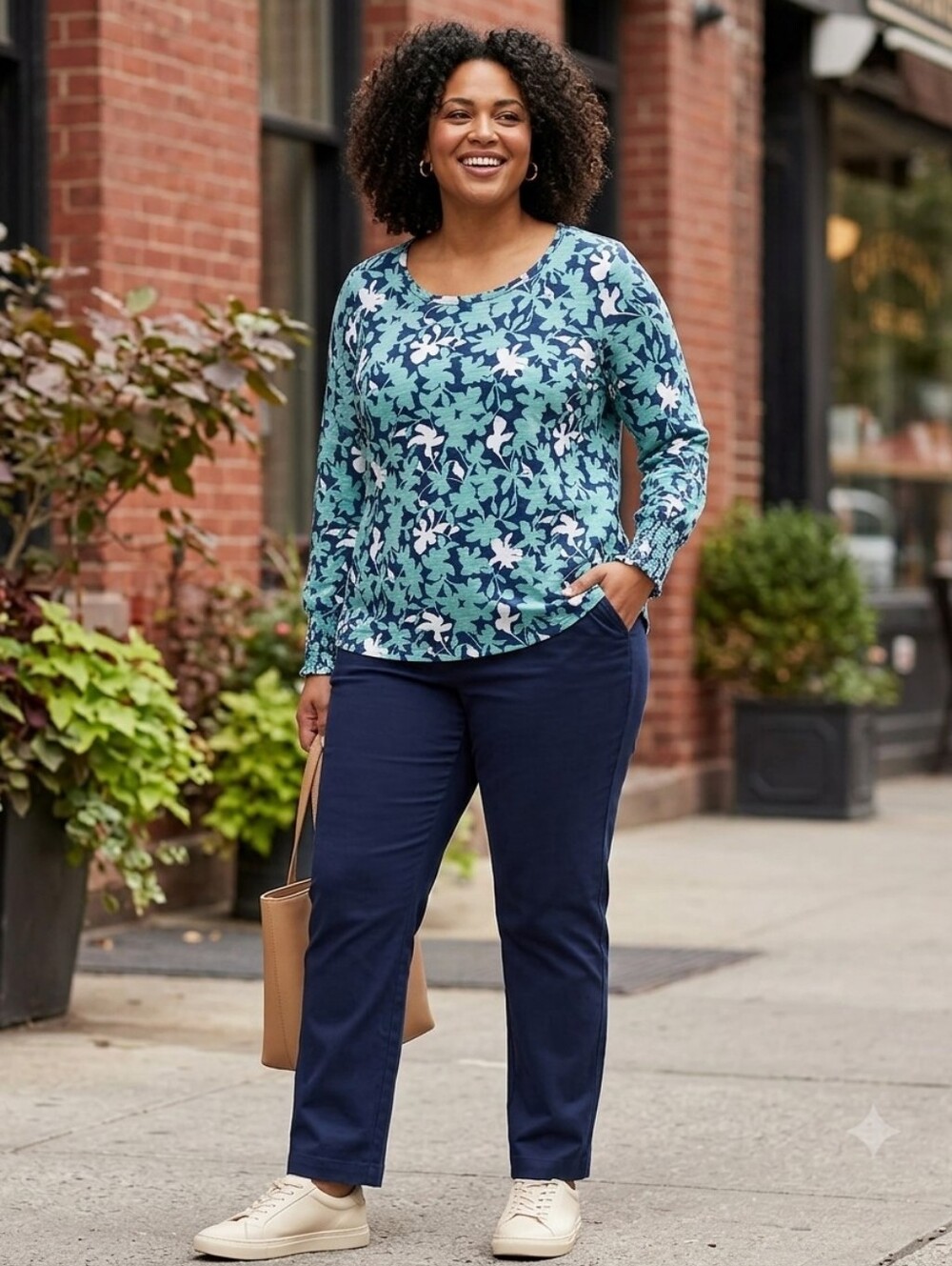 Chicos Teal & Navy Floral Print Long Sleeve Slub knit Top Sz. 3- (16 U.S.)